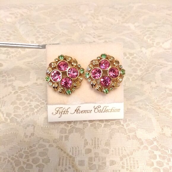 Vintage Pink & Green Crystal Gold Tone Earrings Non-Pierced Clip Earrings - Picture 5 of 11